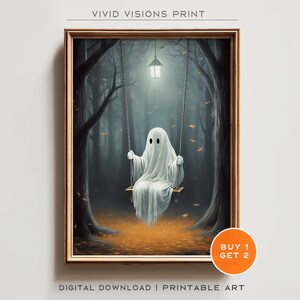 Ghost on Swing Art Print - Halloween Decor - Dark Academia Painting - Halloween Wall Art, Ghost Forest Wall Art,  Digital Download. #371