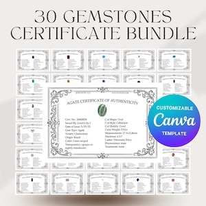 Pu&ograve; includere: Un pacchetto di 30 certificati di pietre preziose. Ogni certificato presenta un'illustrazione di una pietra preziosa. Il certificato centrale &egrave; un Certificato di Autenticit&agrave; Agata, con dettagli come forma di taglio, peso e misure di 17,5x12,5 mm. &Egrave; incluso anche un modello Canva personalizzabile.