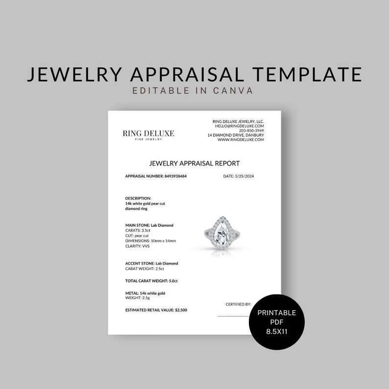 Jewelry Appraisal Printable Template PDF Re-usable Templates for Jewelry Business Owners and ...