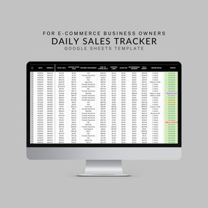 May include: A computer screen displaying a Google Sheets spreadsheet with a daily sales tracker for an e-commerce business. The spreadsheet includes columns for date, order number, total sale, payout after fees, payment processor, cost of shipping, sales tax, returned units, sale status, and order notes.