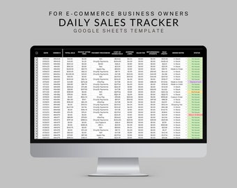 May include: A computer screen displaying a Google Sheets spreadsheet with a daily sales tracker for an e-commerce business. The spreadsheet includes columns for date, order number, total sale, payout after fees, payment processor, cost of shipping, sales tax, returned units, sale status, and order notes.