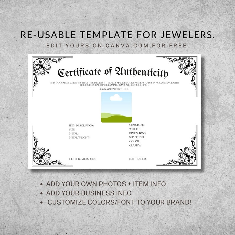 Printable Ring Certificate of Authenticity | Customizable Jewelry Certificate Template PDF ...