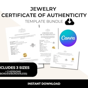 Puede incluir: Un paquete de plantillas digitales para un certificado de autenticidad de joyería, que incluye tres tamaños de documento distintos y dos versiones de diseño, con y sin borde. Los documentos blancos incluyen texto negro, un sello dorado.