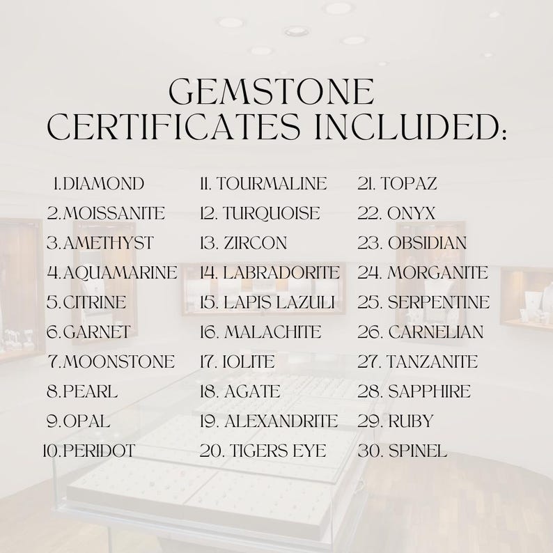 Pu&ograve; includere: L'immagine elenca 30 pietre preziose con certificati inclusi. L'elenco comprende Diamante, Moissanite, Ametista, Acquamarina, Citrino, Granato, Pietra di luna, Perla, Opale, Peridoto, Tormalina, Turchese, Zircone, Labradorite, Lapislazzuli, Malachite, Iolite, Agata, Alessandrite, Occhio di tigre, Topazio, Onice, Ossidiana, Morganite, Serpentino, Corniola, Tanzanite, Zaffiro, Rubino e Spinello.