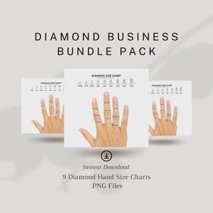 以下が含まれることがあります： 「Diamond Business Bundle Pack」というタイトルのデジタル製品バンドル。9つのダイヤモンドハンドサイズチャートが.PNGファイルで含まれています。チャートは、さまざまなダイヤモンドのサイズを手の上に表示し、各サイズにテキストラベルが付いています。画像はニュートラルな背景です。