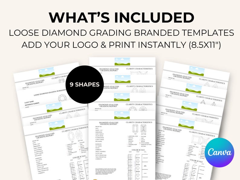 Diamond Grading Report Template: 9 Shapes, Jewelry Business (canva ...