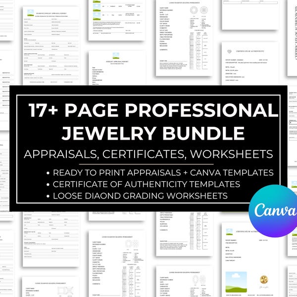 Lot de certificats d'évaluation de bijoux, rapport de classement des pierres précieuses (modèles canva)