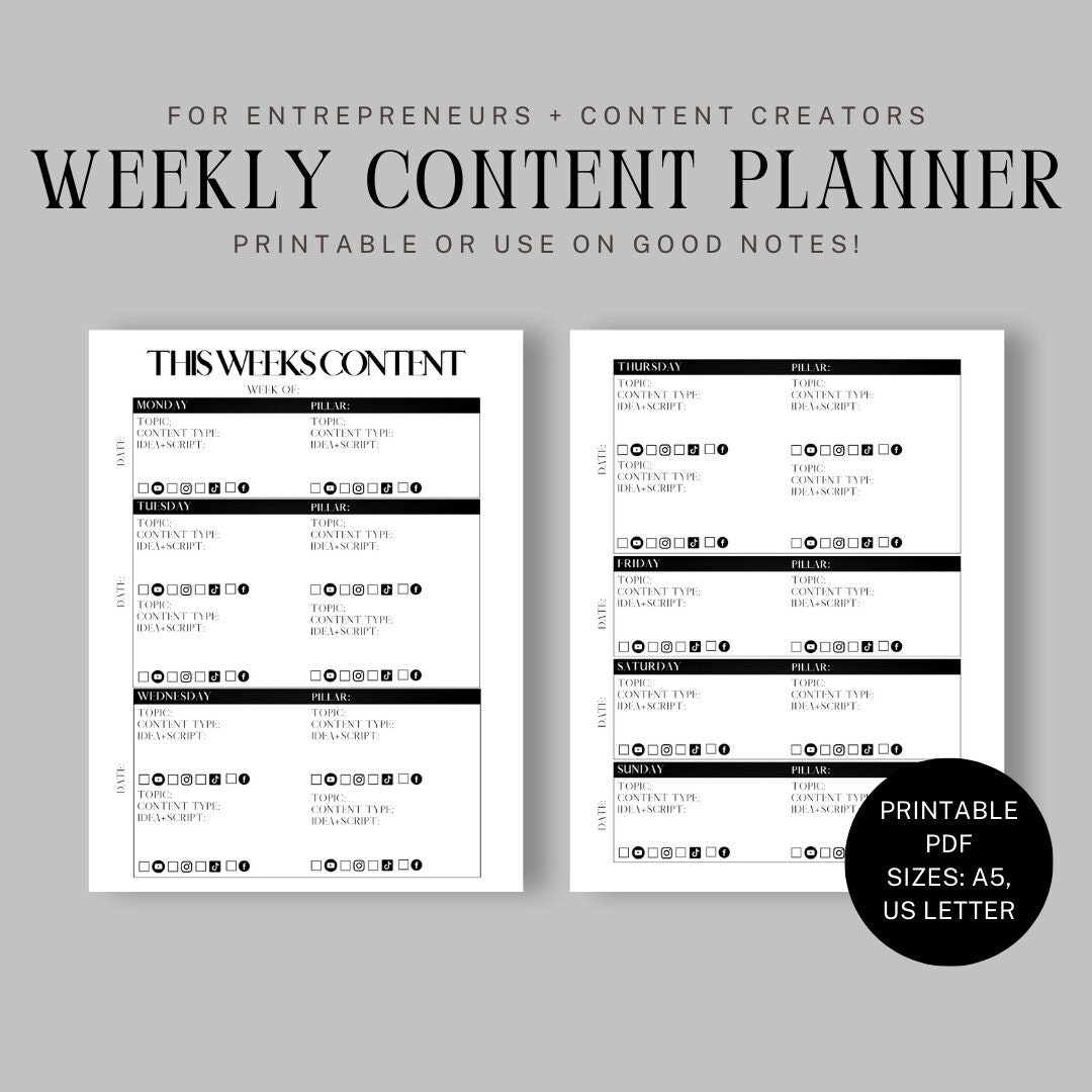 Weekly Content Creation Planner Printable, Social Media Content Planner