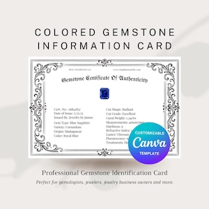 Peut inclure: Un certificat d'authenticité pour une gemme saphir bleu avec une image de saphir bleu. Le certificat comprend des détails tels que la forme de la taille, la qualité de la taille, le poids en carats, les dimensions, la dureté, l'indice de réfraction, l'éclat, la fluorescence et les traitements de la gemme. Le certificat est personnalisable et peut être utilisé pour l'identification professionnelle des pierres précieuses.