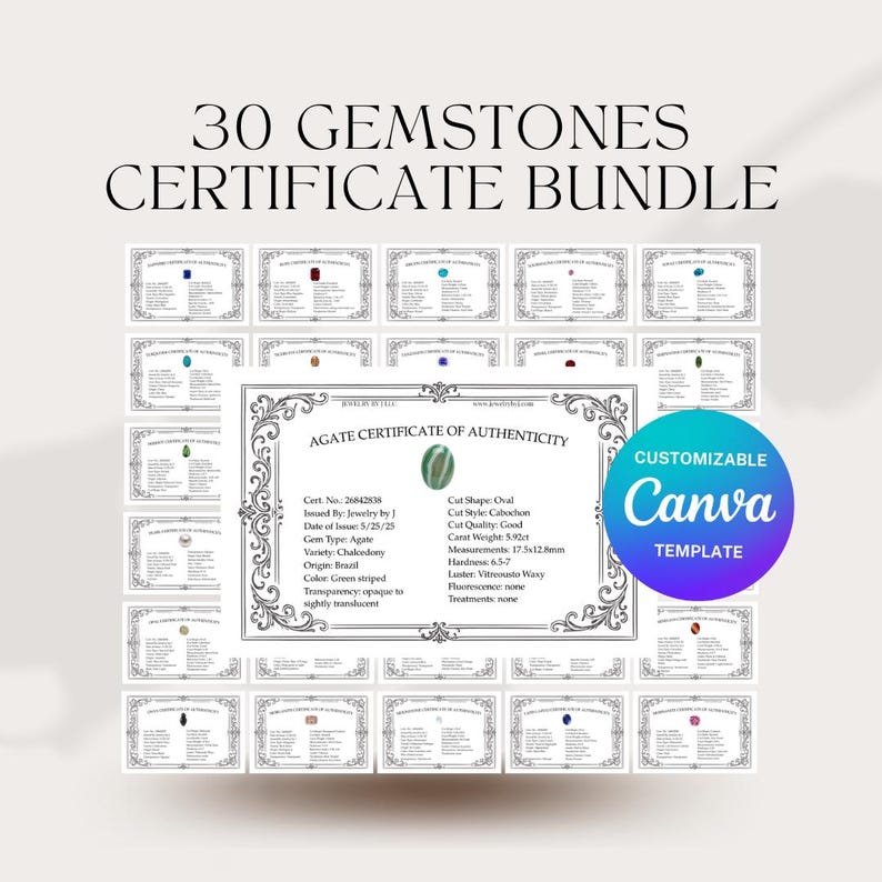 Pu&ograve; includere: Un pacchetto di 30 certificati di pietre preziose. Ogni certificato presenta un'illustrazione di una pietra preziosa. Il certificato centrale &egrave; un Certificato di Autenticit&agrave; Agata, con dettagli come forma di taglio, peso e misure di 17,5x12,5 mm. &Egrave; incluso anche un modello Canva personalizzabile.