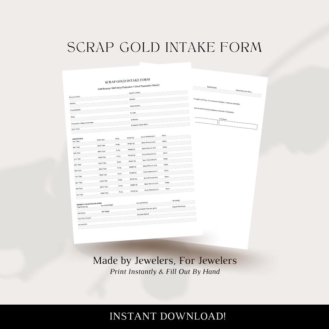 Scrap Receiver Form Scrap Gold Intake Form Printable PDF | Gold Buying Melt Value Worksheet ...