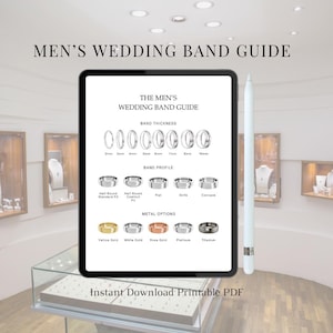 May include: A digital tablet displays a "Men's Wedding Band Guide" with illustrations of ring styles, thicknesses, and metal options. The guide includes band profiles and metal choices like yellow gold and platinum. A stylus rests beside the tablet.