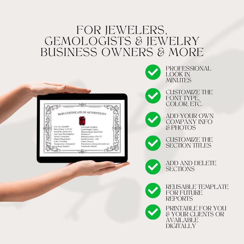 Pu&ograve; includere: Un tablet mostra un certificato di autenticit&agrave; di rubino. Il certificato include dettagli come il peso in carati, il colore e l'origine della gemma. Il testo promuove funzionalit&agrave; per gioiellieri, gemmologi e proprietari di attivit&agrave; commerciali.