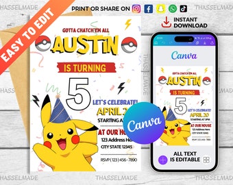 Invitación Pikachu, Invitación Pokemon, Descarga Instantánea 5x7, Editable en Canva, Plantilla de Invitación Pikachu, Invitación de Cumpleaños para Niños