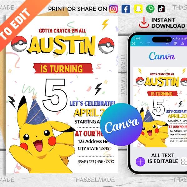 Pikachu Invite, Pokemon Invitation, Instant Download 5x7, Editable in Canva, Pikachu Invitation Template, Birthday Invitation for Boys