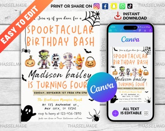Halloween Invitation - EDITABLE Spooktacular Halloween Birthday Invitation - Siblings Halloween Birthday Party - DIY with Canva