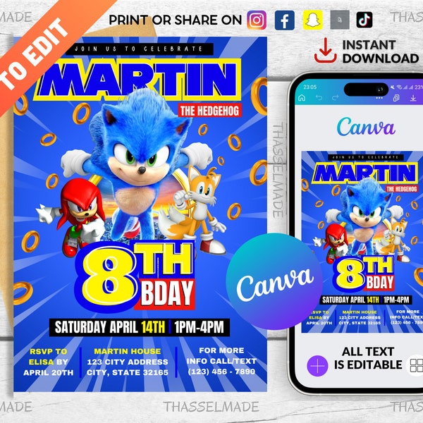 Sonic Invitation | Sonic Party Invite | Sonic Birthday Invitation | Printable Birthday Party Invitations | Kids Party E-Invite | Canva 5x7