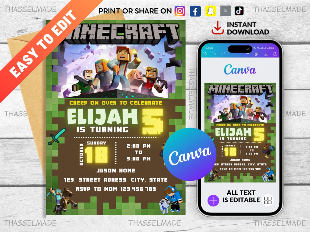 Printable Birthday Invitation Minecraft Birthday Invitation Mine Invite ...