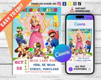 Invitation Mario Princess, carte d’invitation d’anniversaire Super Mario Princess, Super Mario Bros, modèle numérique d’invitation d’anniversaire Princess Peach
