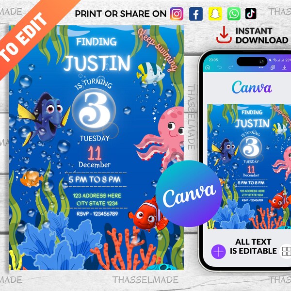 Digital Finding Nemo Invite | Editable Finding Nemo Invitation | Kids Digital invite | Printable Party Invitation | Dory Birthday Invitation