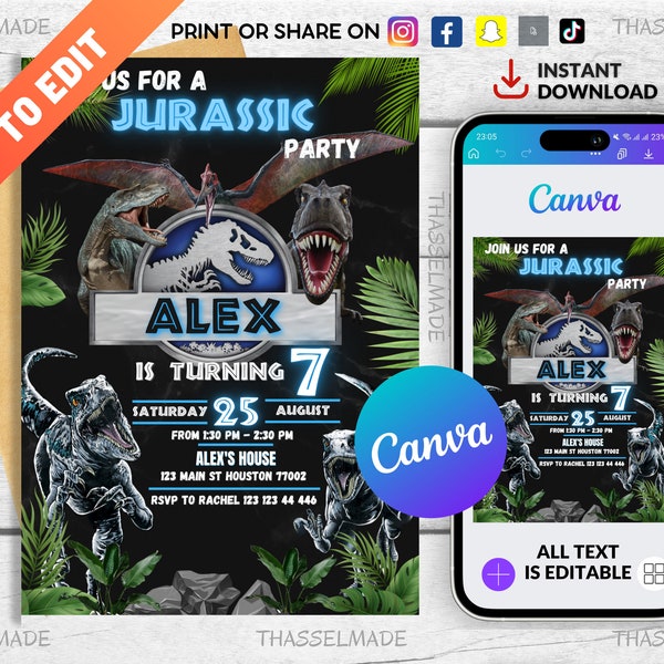 T-Rex party invite, Dinosaur Printable birthday invitation, dino birthday invite, park invitation, world invitation, instant download