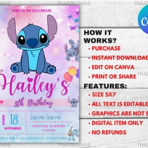 Stitch Editable Birthday Invitation Template, Printable Birthday Party Invitations, Digital Kids Party Invite, Digital Bday Card Invite image 2