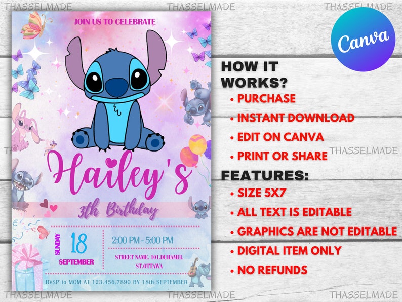 Stitch Editable Birthday Invitation Template, Printable Birthday Party Invitations, Digital Kids Party Invite, Digital Bday Card Invite image 2