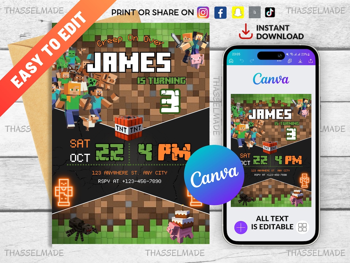 Editable Minecraft Birthday Invitation, Minecrafter Birthday Editable Minecraft Birthday Invitation, Minecrafter Birthday
