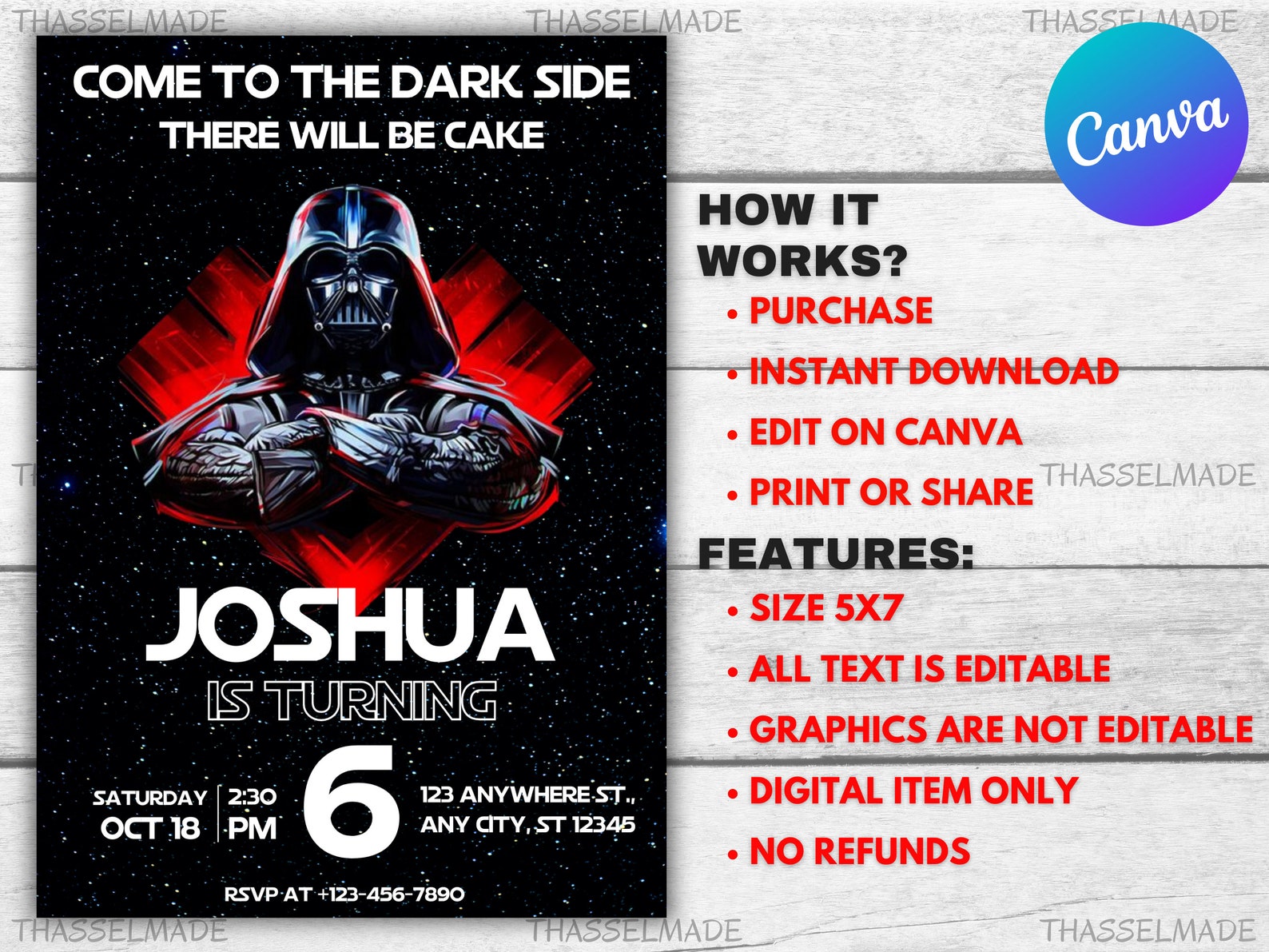 Star Invite, Wars Invitation, Printable Birthday Invitation, Darth ...