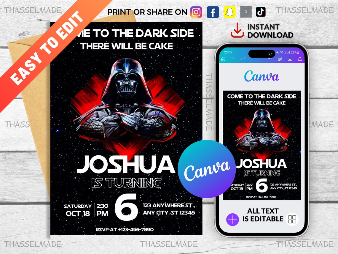 Star Invite, Wars Invitation, Printable Birthday Invitation, Darth ...