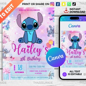 Stitch Editable Birthday Invitation Template, Printable Birthday Party Invitations, Digital Kids Party Invite, Digital Bday Card Invite