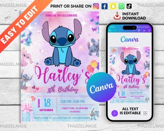 Modello di invito di compleanno modificabile Stitch, inviti per feste di compleanno stampabili, invito a feste digitali per bambini, invito per biglietti di compleanno digitali