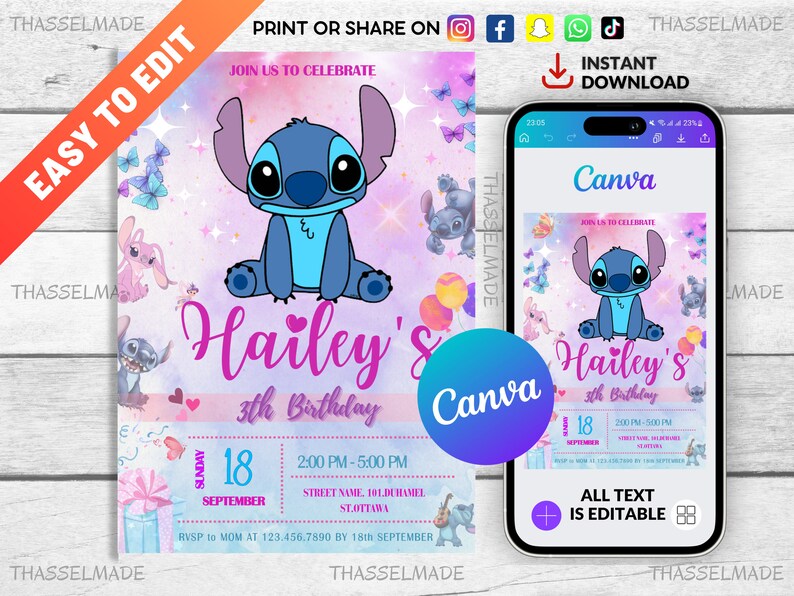 Stitch Editable Birthday Invitation Template, Printable Birthday Party Invitations, Digital Kids Party Invite, Digital Bday Card Invite image 1