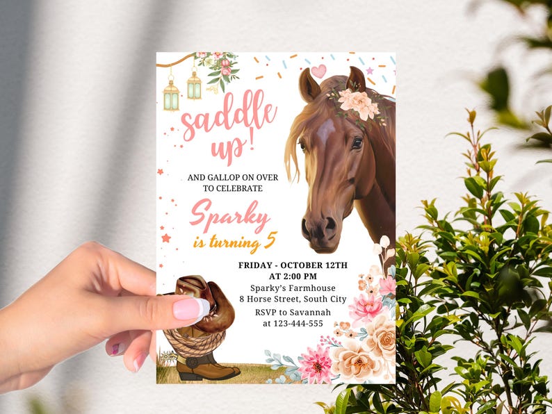 Girl Horse Birthday Invitation, Cowgirl Birthday Invitation Editable