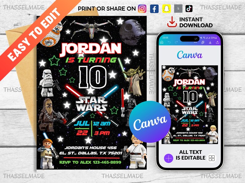 Printable Birthday Invitation, Wars Invitation, Star Invite, Darth ...
