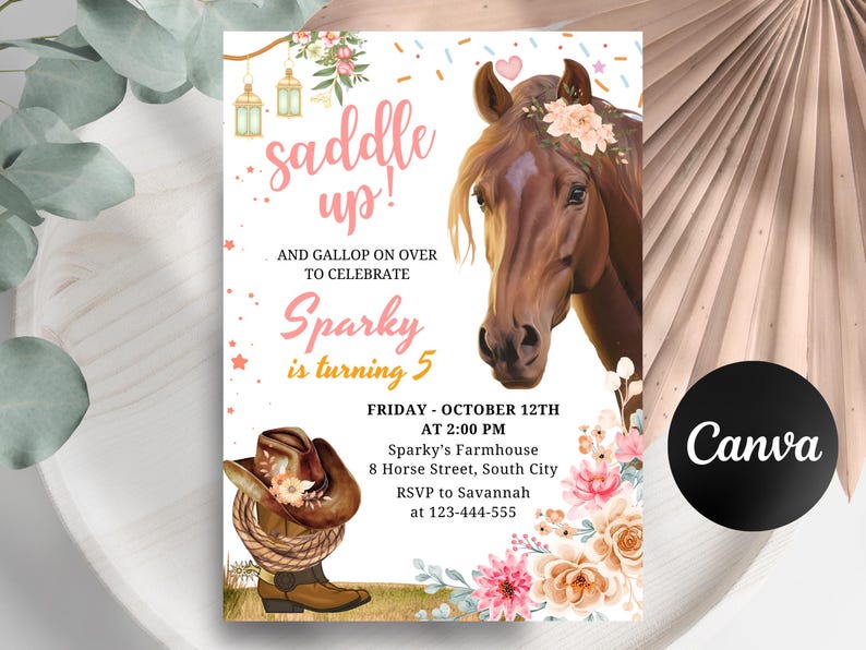 Girl Horse Birthday Invitation, Cowgirl Birthday Invitation Editable