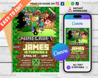 Minecrafter Birthday Invitations | Size 5X7 | Video Game Birthday Invitation | Birthday Card | Girl Boy Birthday | Pixelated Invite