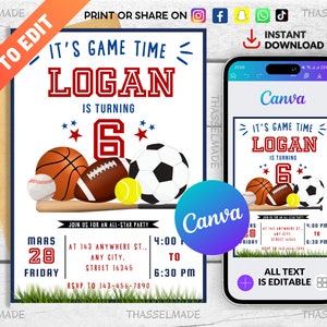 All Star Sports Birthday Invitation, Party Invitation, Digital Template, Sports Game Number Any Age DIY Birthday Party Invite, Loot Gift Tag