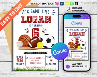 All Star Sports Birthday Invitation, Party Invitation, Digital Template, Sports Game Number Any Age DIY Birthday Party Invite, Loot Gift Tag