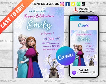 Princess Elsa Girl Evite, Editable Frozen Birthday Invitation Template, Digital Birthday Party Invite for Girls, Instant Download, Printable