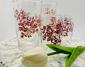 Set of 6 Federal Glass Vintage Red Rose Tumblers, Or Set of 8 Juice Glasses, or Set of 8 Side Plates, 1950's