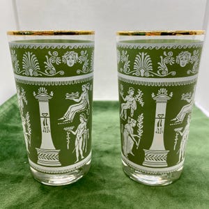 Set of 2 Vintage Jeanette Glass Green Jasperware Tumblers / Hellenic Greek Gods Glasses