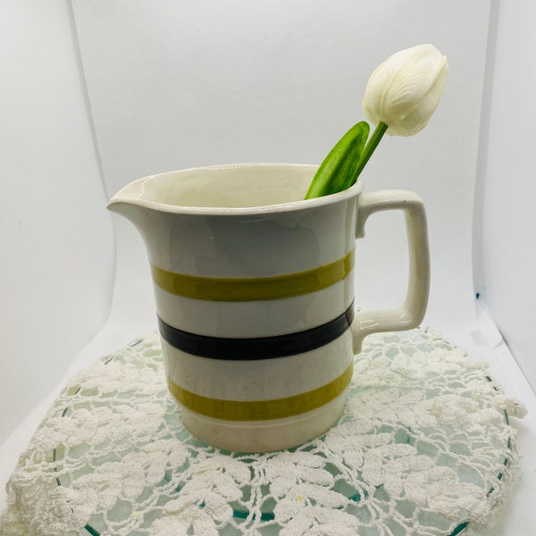 Vintage Striped Carragaline Pottery, Brown / Mustard Yellow/ White Jug / Pitcher, Irish Pottery from County Cork 1960's