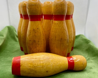 10 quilles de bowling vintage en bois tourné à la main, jouets vintage