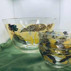 MCM Chip n Dip Set / MCM Salad Bowl and 5 Individual Bowls /  Gold Cream Leaf and Berries Design