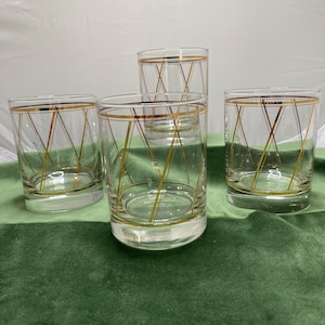 Set of 4 Vintage MCM Georges Briard Gold Diagonal Stripe Double Old Fashioned Glasses