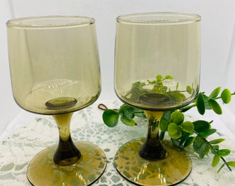 Set of Two MCM Smoked Brown / Tawny Stemware Vintage Barware Wine Glasses