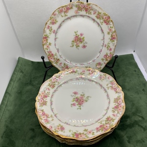 Peut inclure: Ensemble d'assiettes en porcelaine blanche avec un motif floral rose et une bordure dorée. Les assiettes ont un bord festonné et un bouquet floral central. Les assiettes sont empilées sur un présentoir en métal noir, de style vintage.