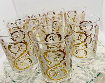 Vintage Dominion Whiskey / Cocktail Glasses, Sets of 4, Frosted with Gold Pattern