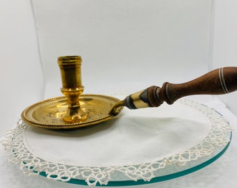 Chamber Style Brass Candle Holder with Wooden Handle